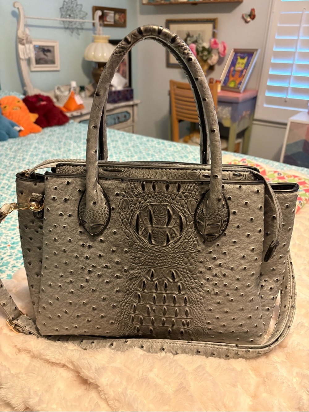 Gray Croc Embossed Satchel